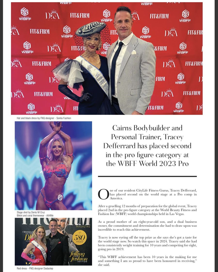 CityLife Magazine community news page about Tracey placing second in the pro figure category at the WBFF World 2023 Pro