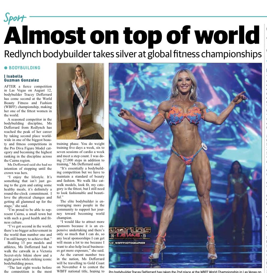 Local newspaper feature headlined Almost on top of world about Tracey's second place at the WBFF World Championship